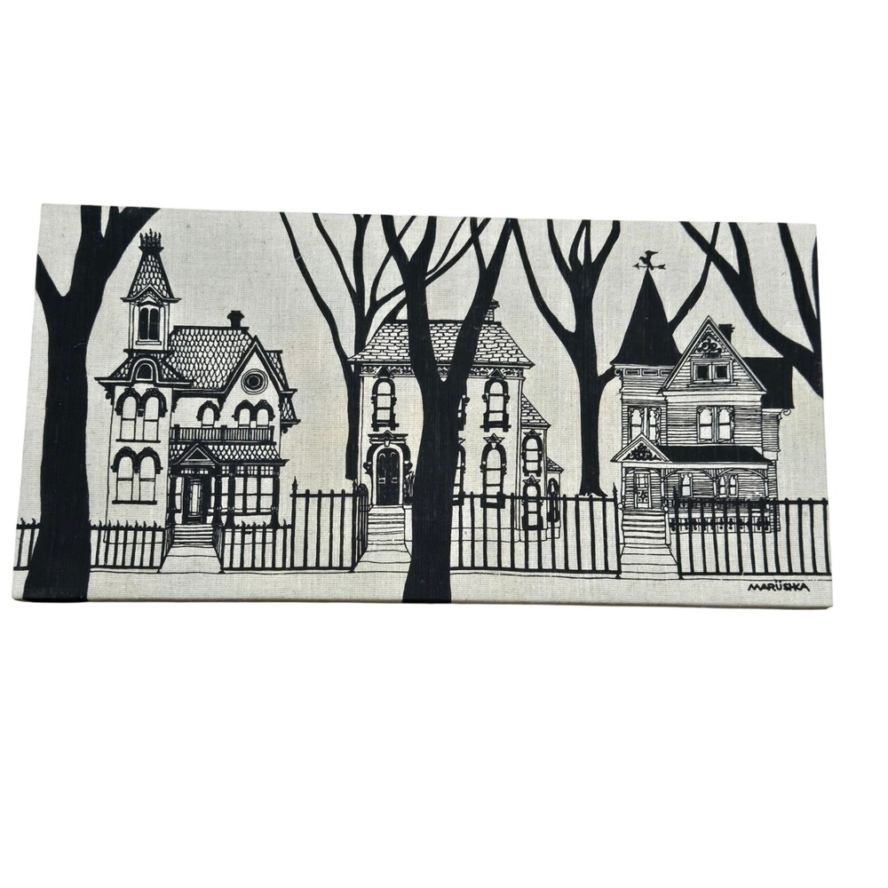 Vintage Marushka Screen Printed Fabric Art Victorian Houses Black Cream 24x12